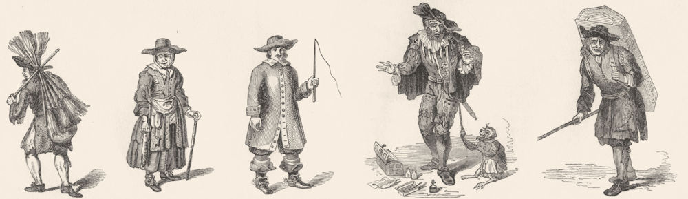 TRADES. Fishmonger, Hackney Coachman 1680, mountebank 1845 old antique print