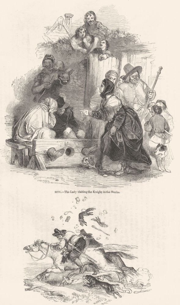LADY VISITS KNIGHT, STOCKS. & Hudibras, Ralpho escape 1845 old antique print