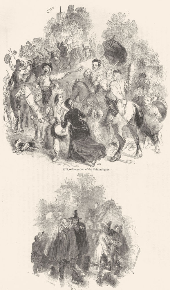 SOCIETY. Skimmington parade; Knight led from stocks 1845 old antique print