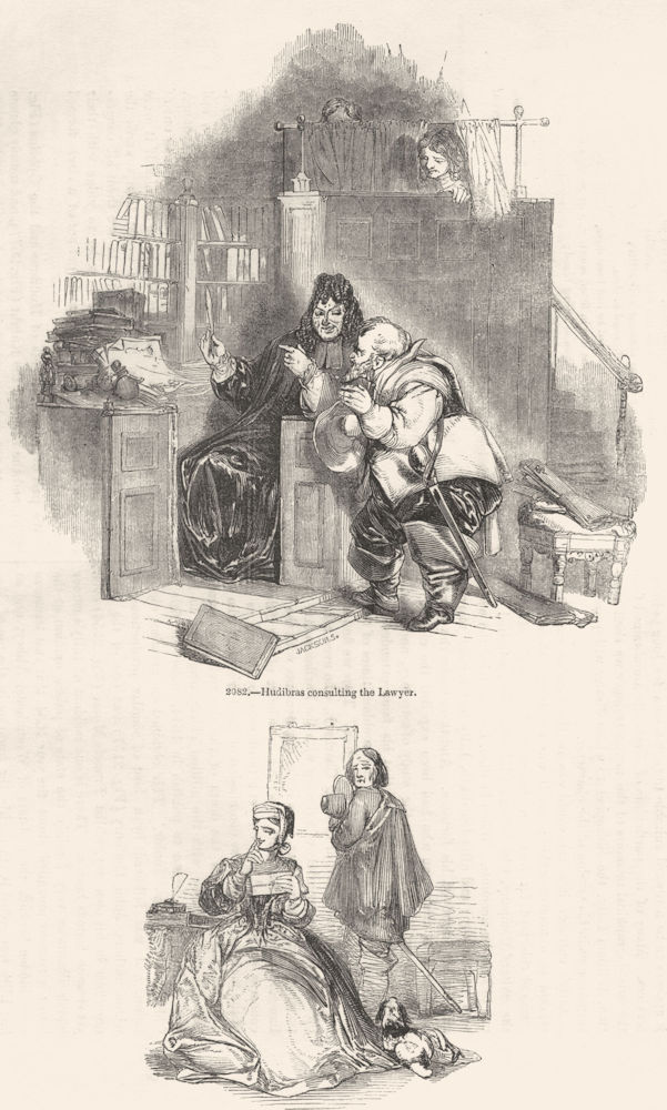 HUDIBRAS. Consults lawyer; lady, letter from Ralpho 1845 old antique print