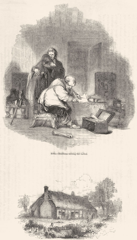 PERSHORE. Hudibras writing letter; Butler's House 1845 old antique print
