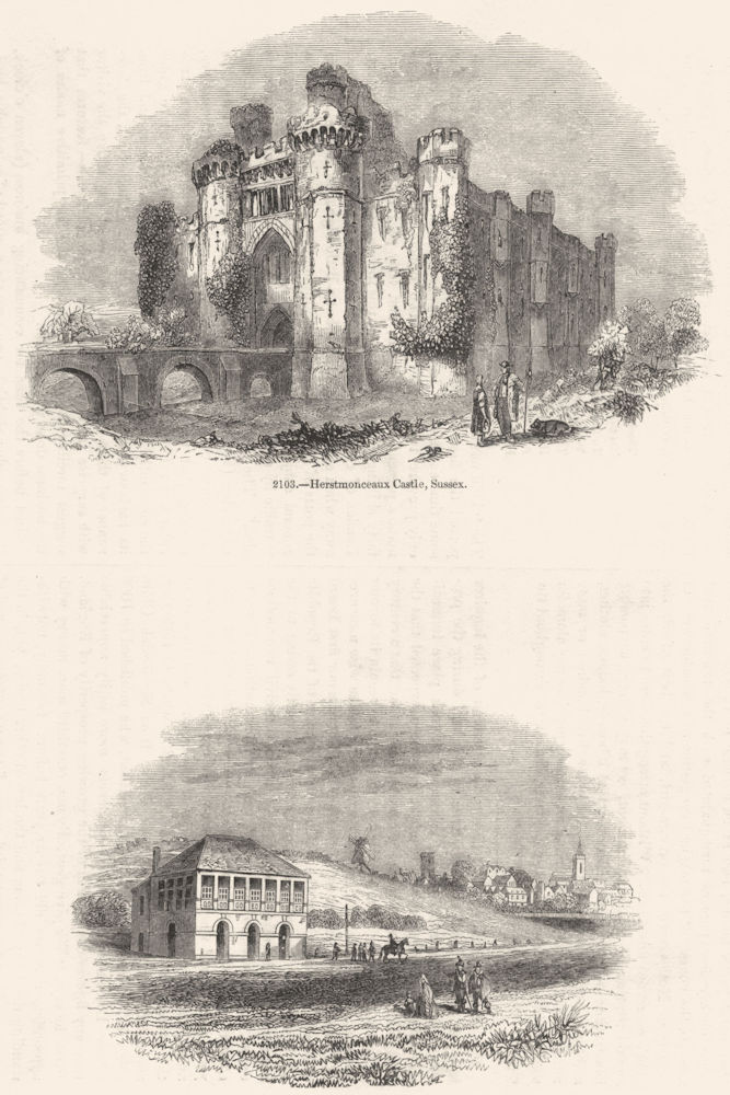 SUSSEX. Herstmonceaux Castle; Newmarket racecourse 1845 old antique print