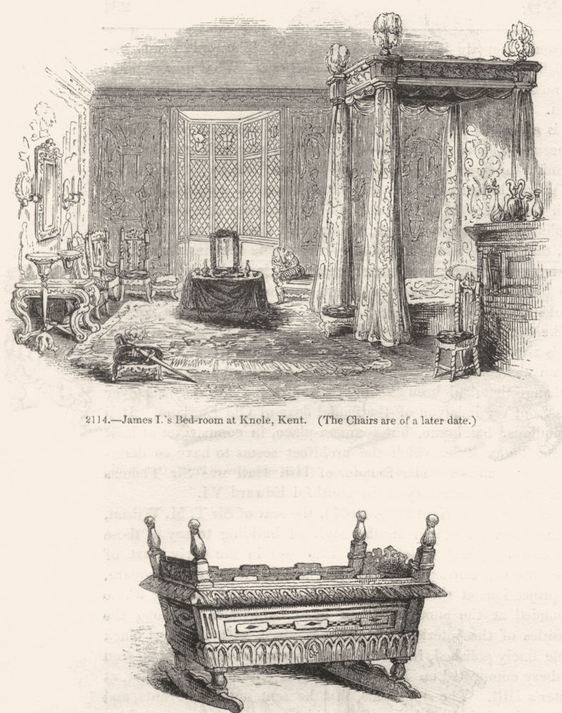 KENT. James I's bedroom, Knole; I 's cradle 1845 old antique print picture