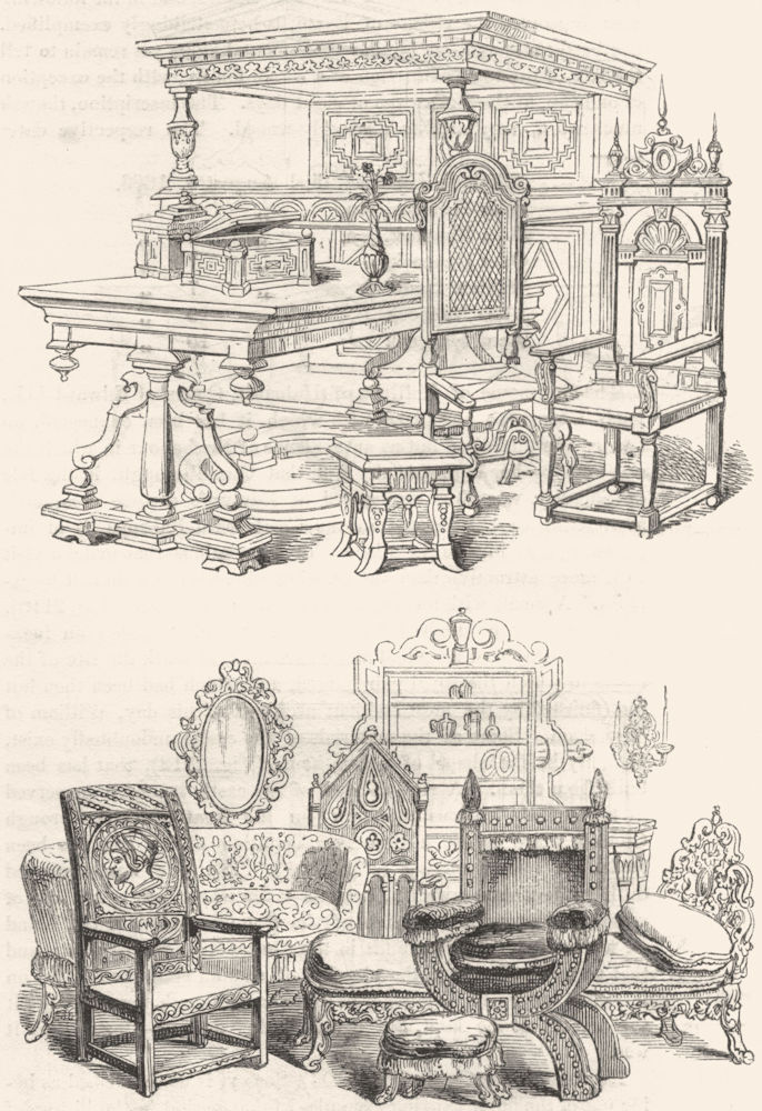 DECORATIVE. Furniture of 16th century  1845 old antique vintage print picture
