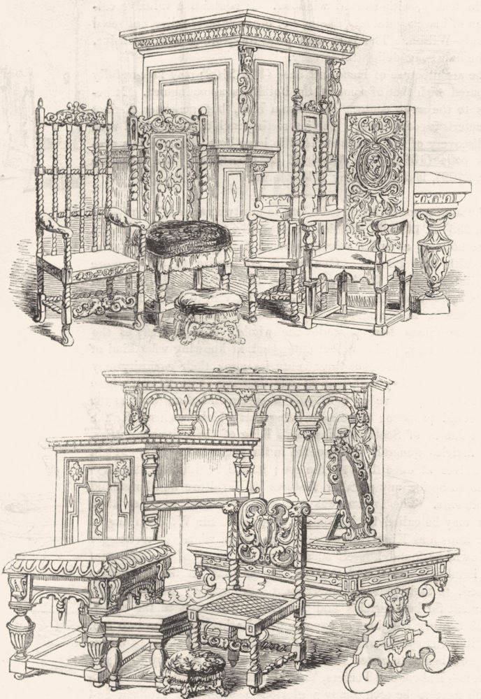 DECORATIVE. Furniture of 16th century  1845 old antique vintage print picture