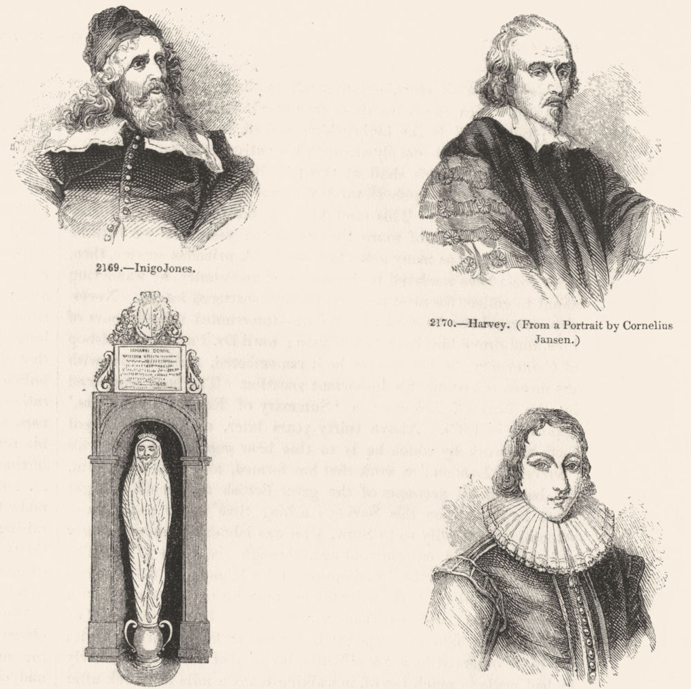 PORTRAITS. Inigo Jones; Harvey; Donne; Milton aged 19 1845 old antique print