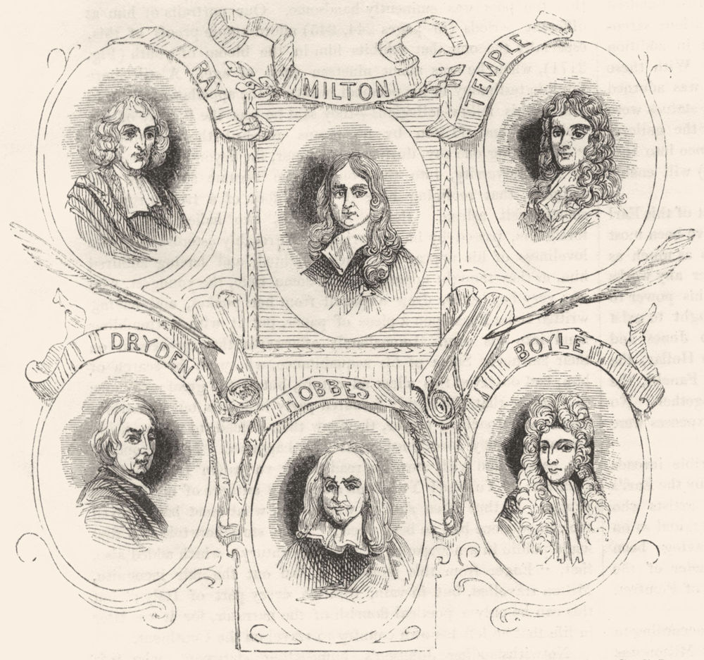 PORTRAITS. Milton, Ray, Temple, Dryden, Hobbes, Boyle 1845 old antique print