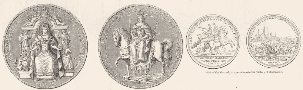 MEDALS. Seal of Anne; Victory Oudenarde 1845 old antique vintage print picture