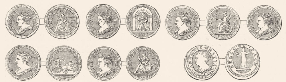 COINS. Queen Anne's Farthings 1845 old antique vintage print picture