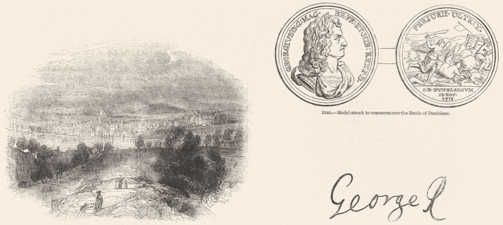 SCOTLAND. Perth; Dunblane medal; George I Autograph 1845 old antique print