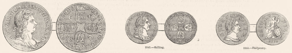 COINS. To of George I. Crown; Shilling; Halfpenny 1845 old antique print