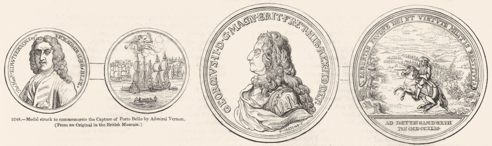 MEDALS. Porto Bello capture, Vernon; Dettingen 1845 old antique print picture