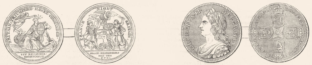 MEDALS. Hawke's victory, Quiberon; George II Crown 1845 old antique print