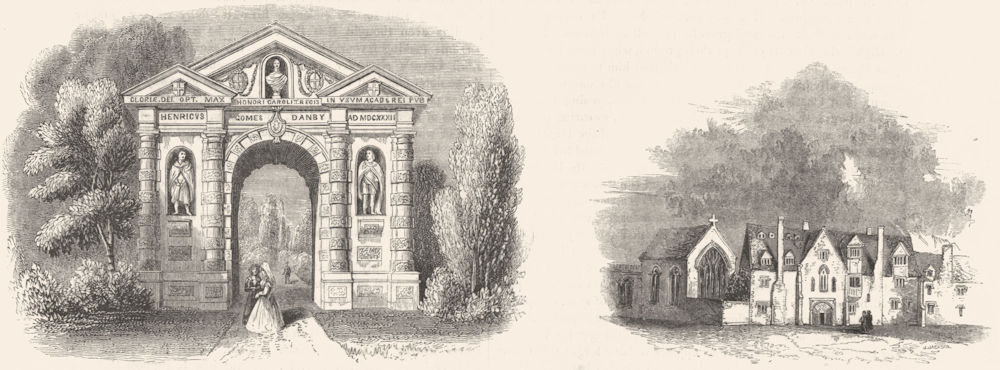 OXFORD. Botanical Garden; Queen's College, 16thC 1845 old antique print
