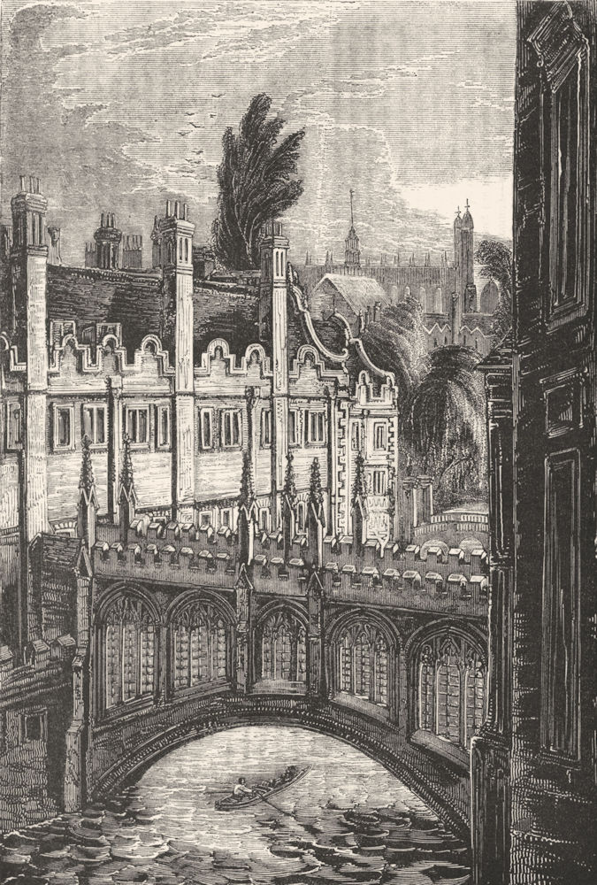CAMBRIDGE. Bridge connecting Colleges of St John's 1845 old antique print
