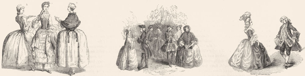 PRETTY LADIES. Of reign George II; Fashion; Minuet 1845 old antique print