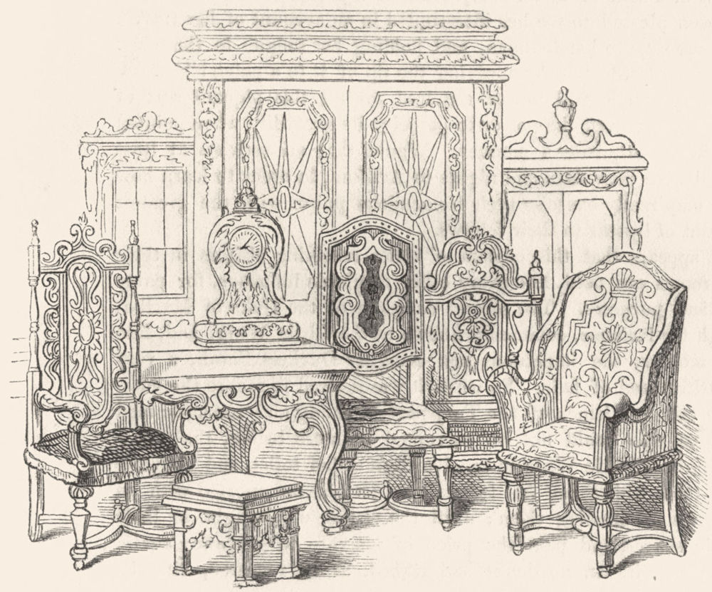 FURNITURE. Cabinet, chairs, temp William III & Anne 1845 old antique print