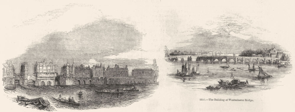 LONDON BRIDGE. In 1760; Building Westminster Bridge 1845 old antique print