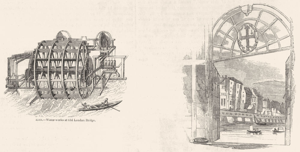 OLD LONDON BRIDGE. Water-works, houses 1845 antique vintage print picture
