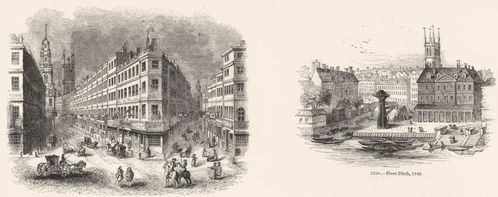 CORNHILL. exchange & Lombard St ; Fleet Ditch, 1749 1845 old antique print