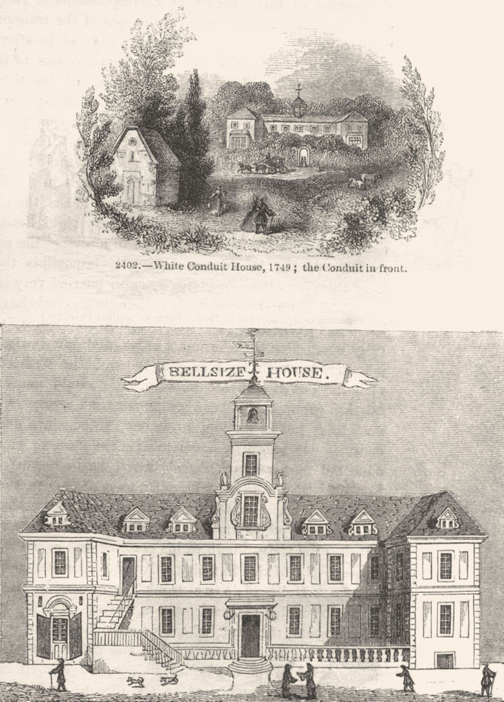 LONDON. White Conduit House 1749; Belsize 1845 old antique print picture