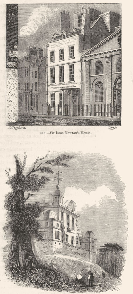 LONDON. Isaac Newton's House; Observatory, Greenwich 1845 old antique print