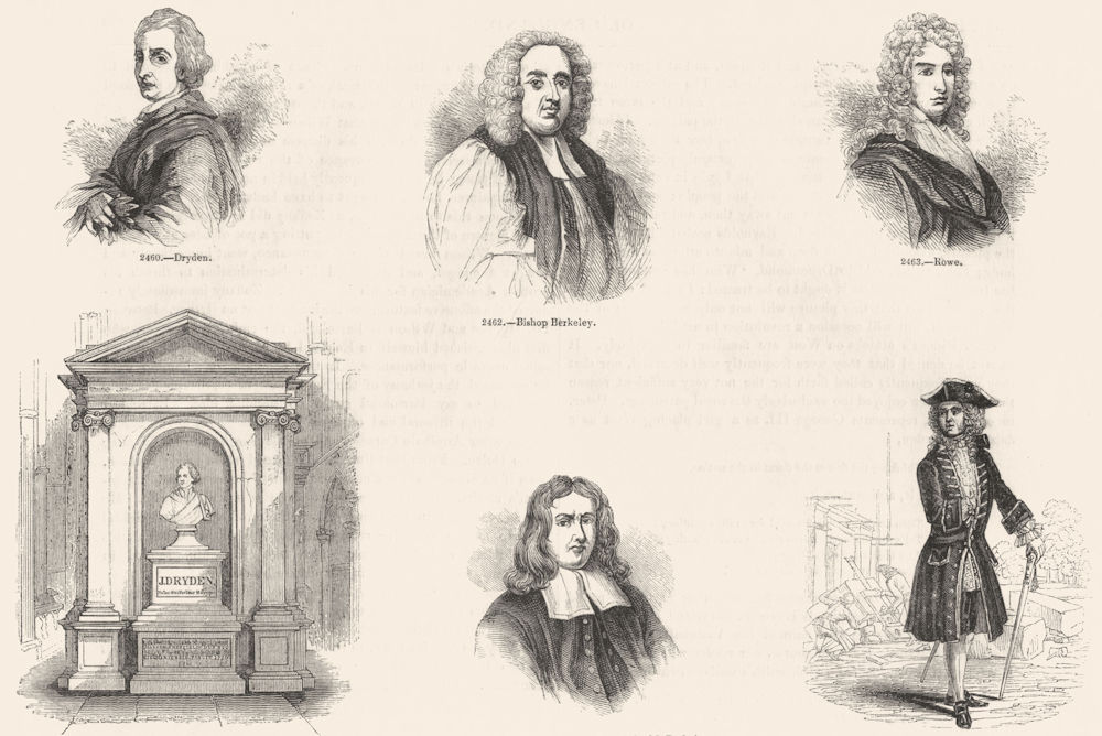 PORTRAITS. Dryden; Berkeley; Rowe; Sydenham; Vanburgh 1845 old antique print