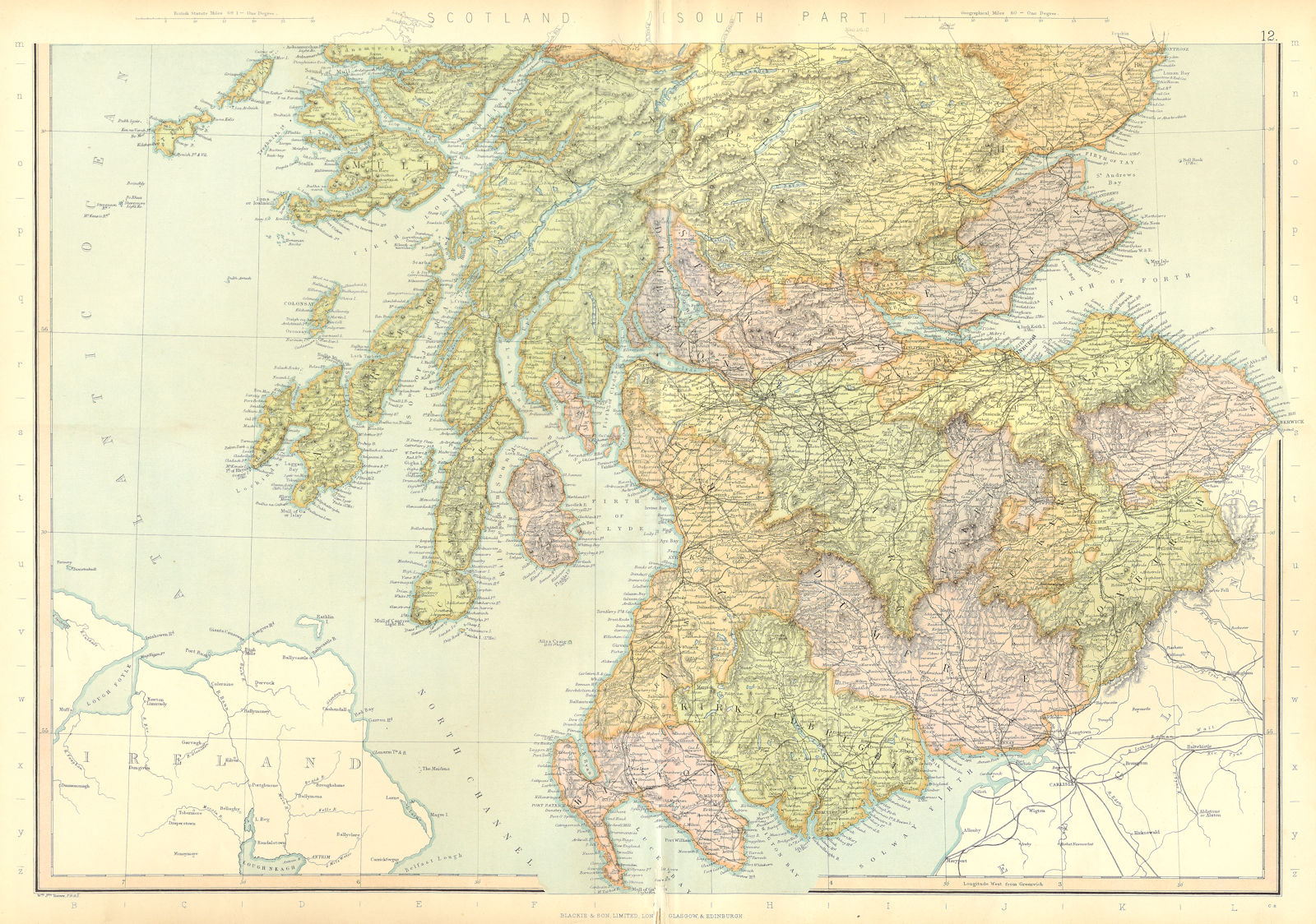Associate Product SCOTLAND SOUTH. Railways & counties. BLACKIE 1893 old antique map plan chart