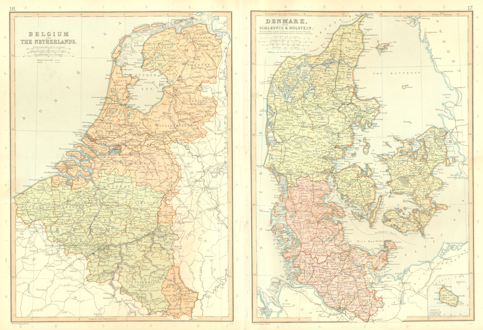 BENELUX. Belgium Netherlands Luxembourg. Canals & railways. BLACKIE 1893 map