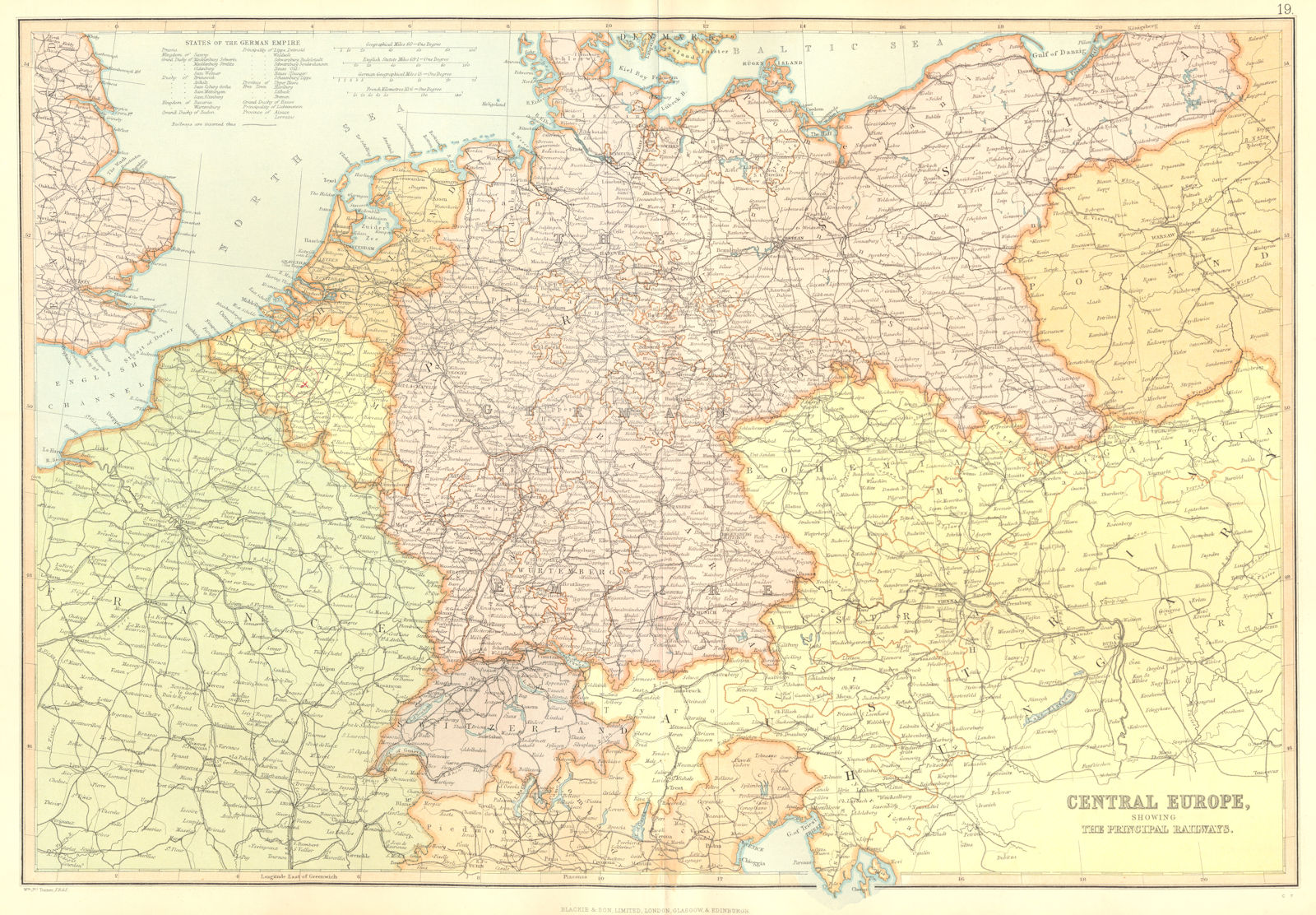 CENTRAL EUROPE Railways. Germany Poland Austria Switzerland. BLACKIE 1893 map