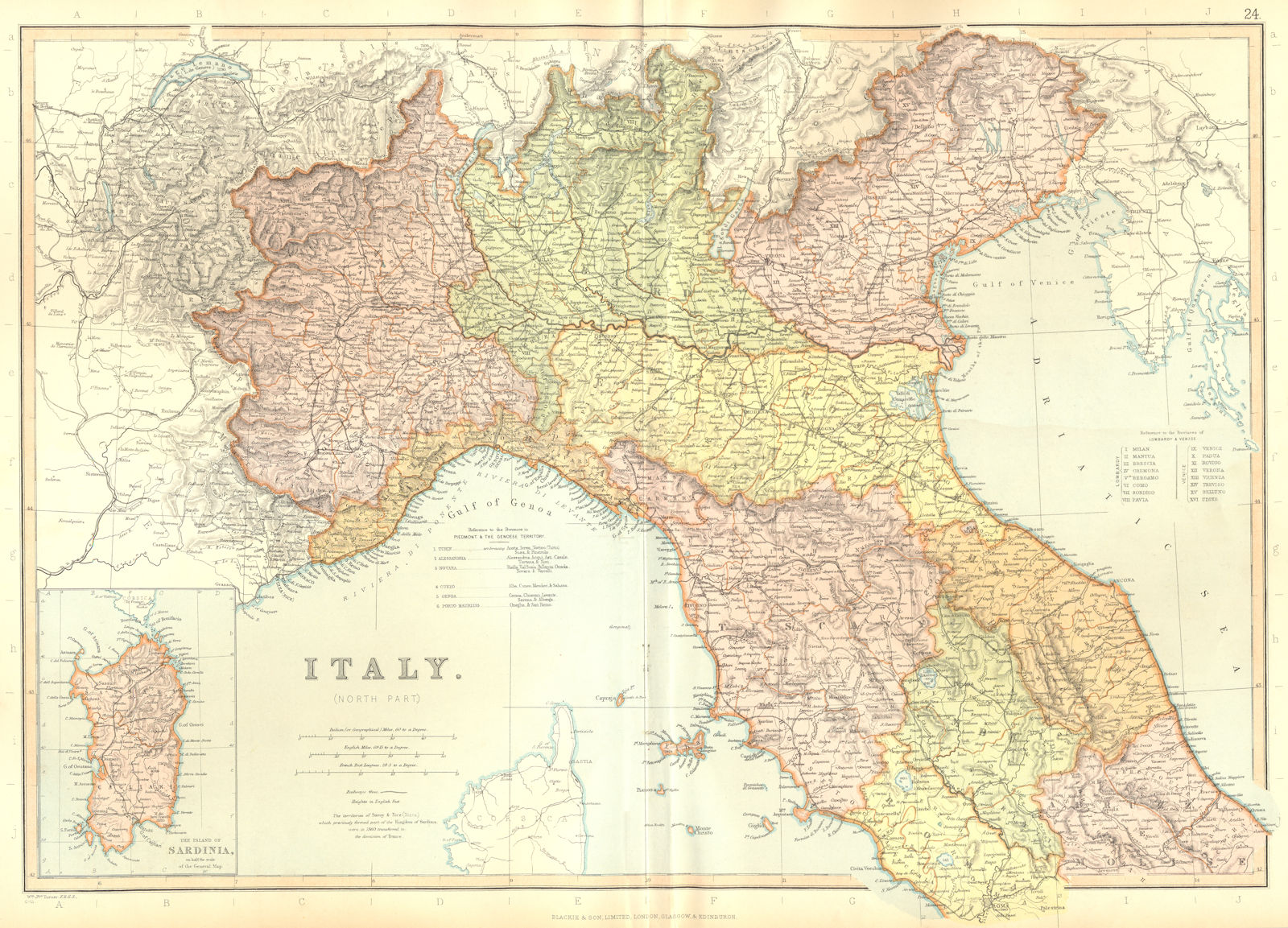 ITALY NORTH. Shows railways. Scale Italian Miles Post Leagues.BLACKIE 1893 map