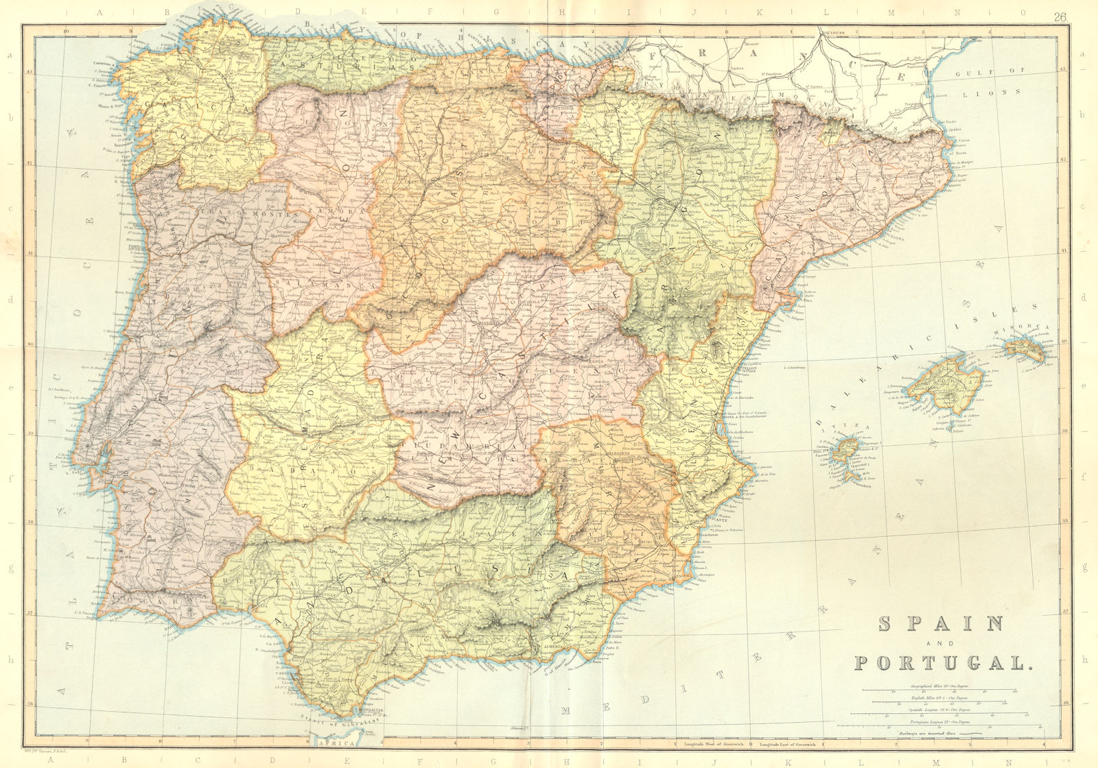 IBERIA. Spain Portugal. Railways. Scale in Spanish Leagues.BLACKIE 1893 map