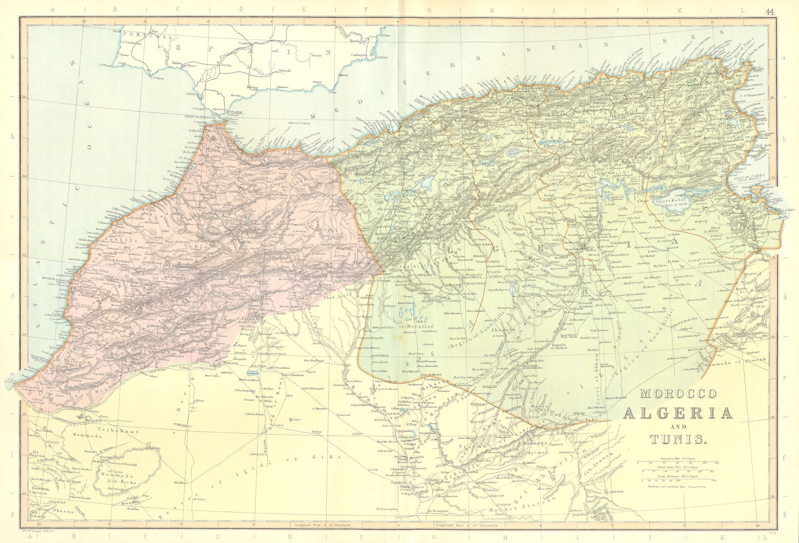 MAHGREB. Morocco, Algeria & Tunisia. North Africa. Railways. BLACKIE 1893 map