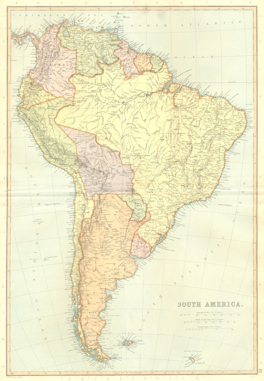 Associate Product SOUTH AMERICA. Brazil Argentina Chile.Scale = Spanish Leagues.BLACKIE 1893 map