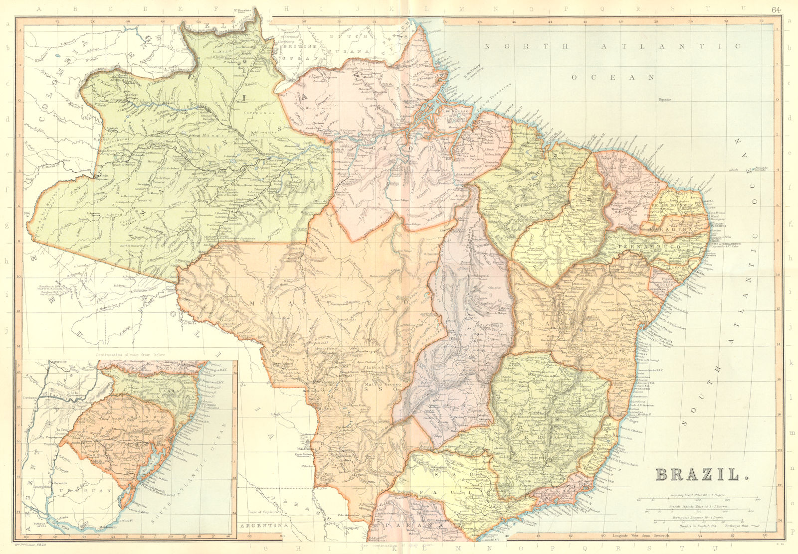 BRAZIL. showing states. Railways. Scale in Portuguese Leagues.BLACKIE 1893 map