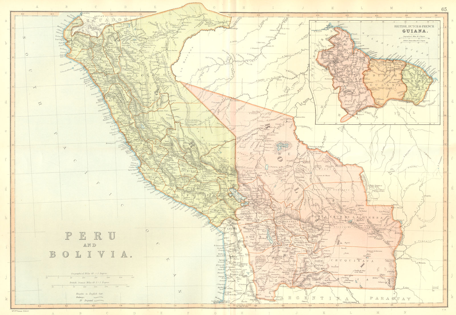 PERU & BOLIVIA. & British French Dutch Guiana Guyana Suriname.BLACKIE 1893 map