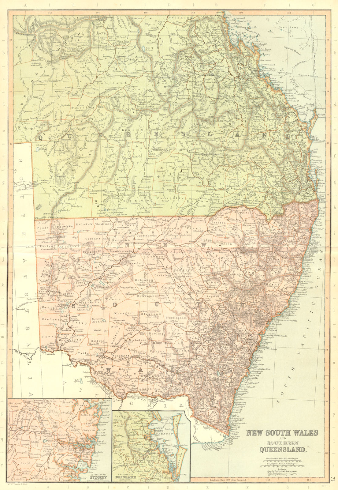 NEW SOUTH WALES & QUEENSLAND. Australia. Sydney Brisbane. BLACKIE 1893 old map