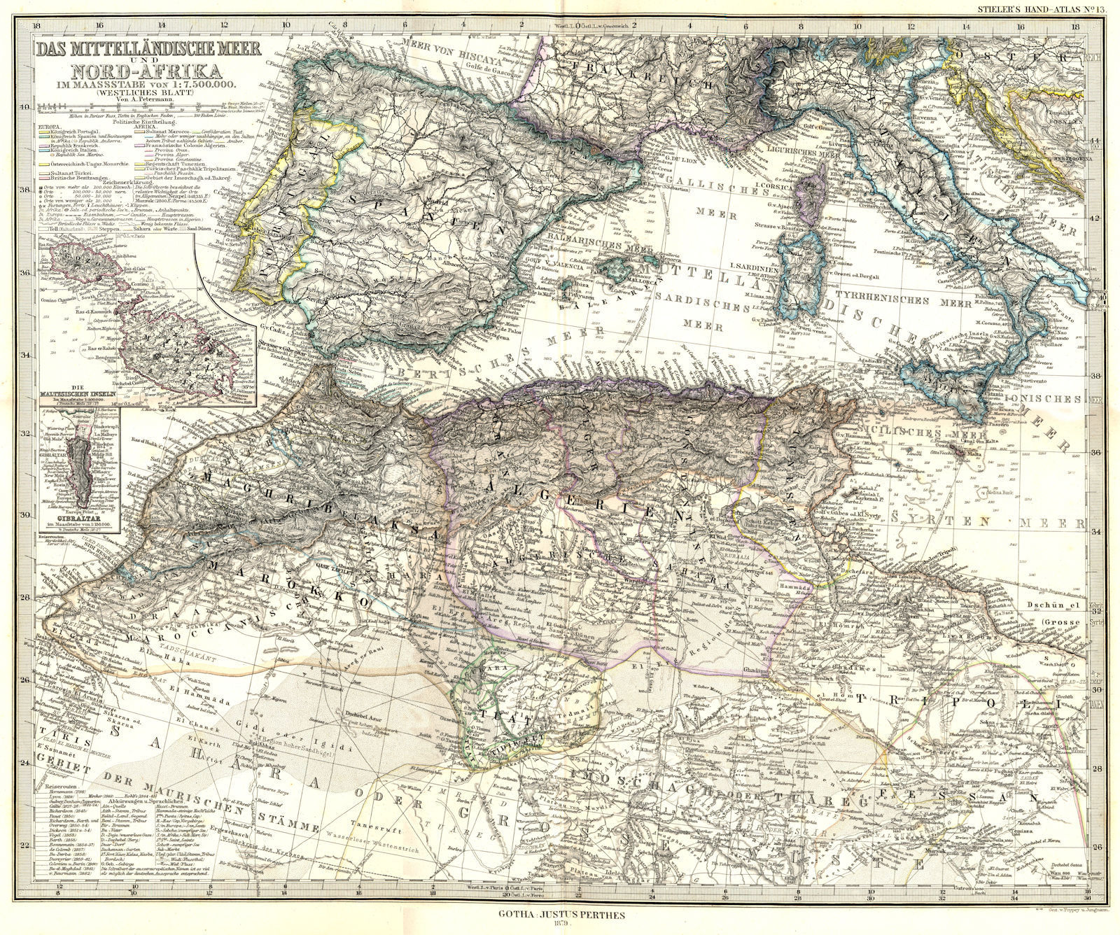 MITTELLANDISCHE. Nord-Afrika; Malta; Gibraltar 1879 old antique map plan chart