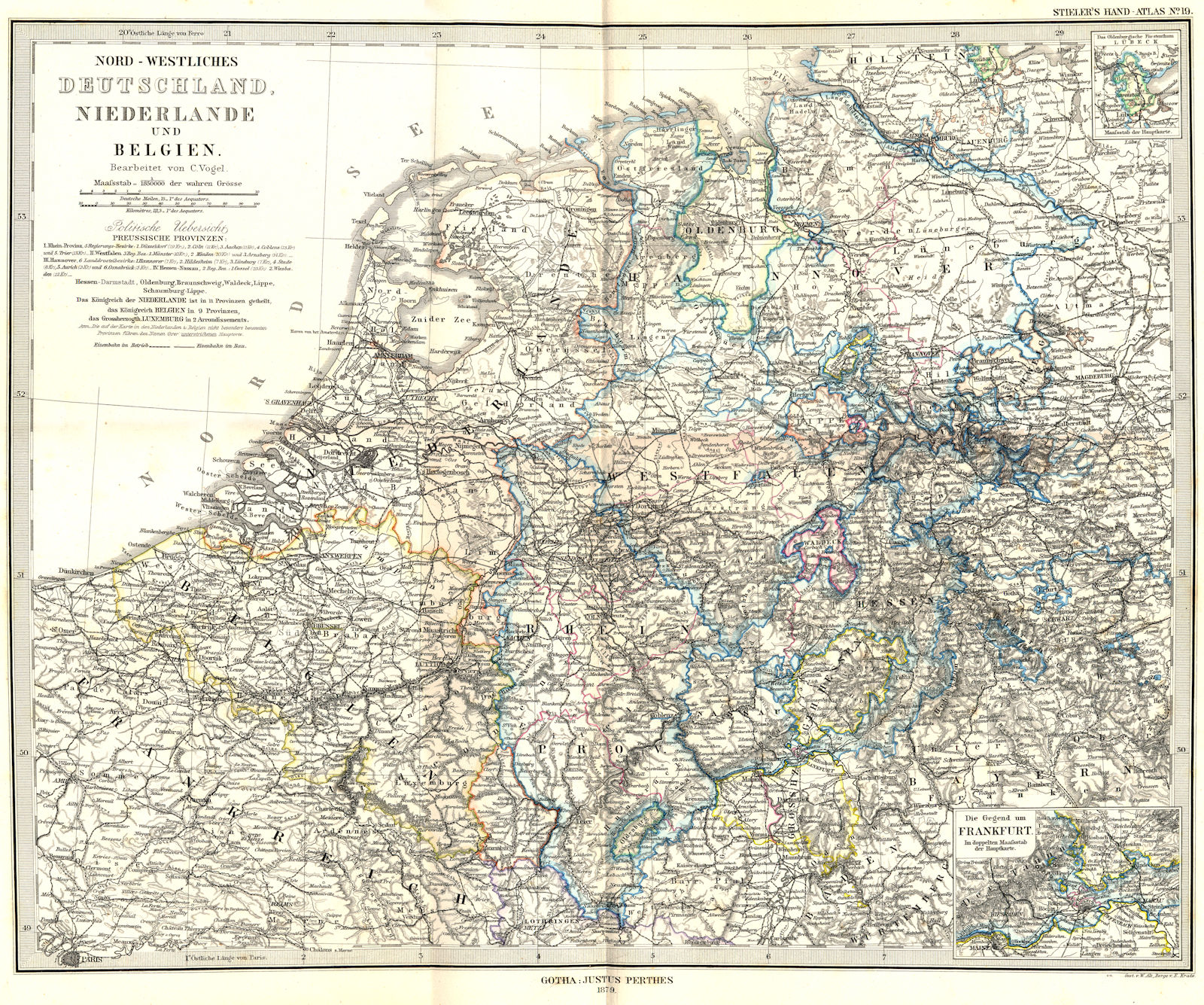 Associate Product DEUTSCHLAND. Niederlande Belgien; Frankfurt 1879 old antique map plan chart
