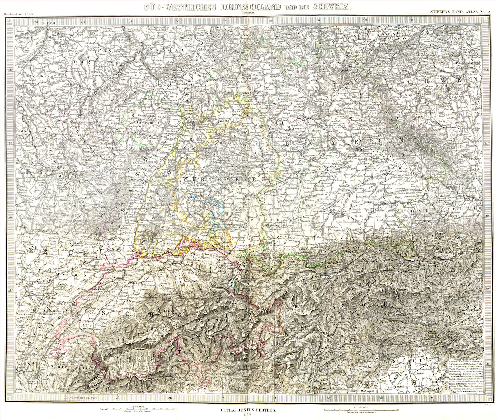 GERMANY. Sud-Westliches Deutschland Schweiz 1879 old antique map plan chart
