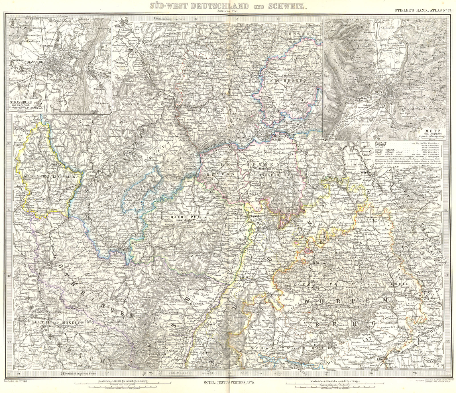 GERMANY. Deutschland Schweiz; Strasbourg; Metz 1879 old antique map plan chart