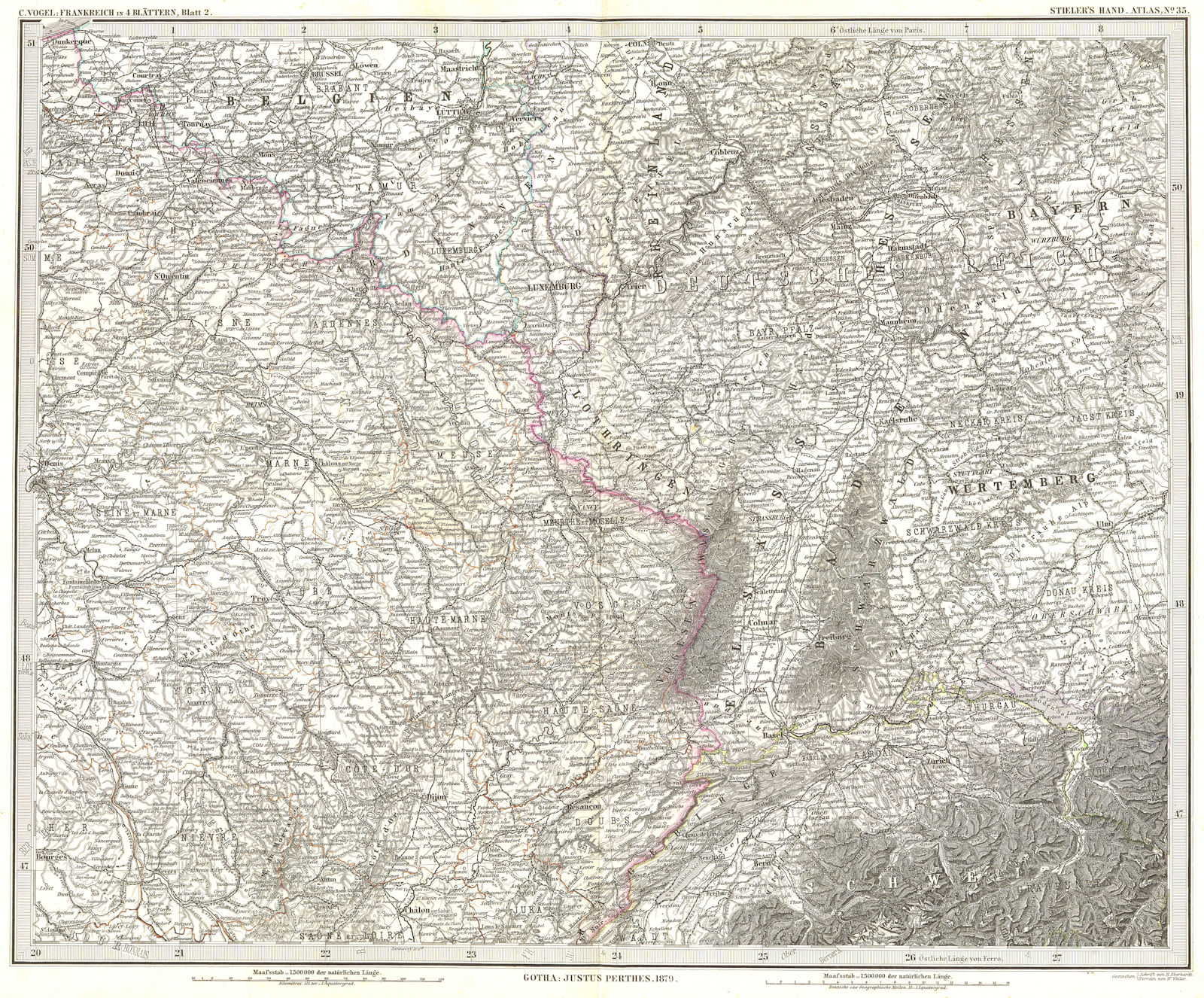 FRANCE. Frankreich NE Wurtemberg 1879 old antique vintage map plan chart