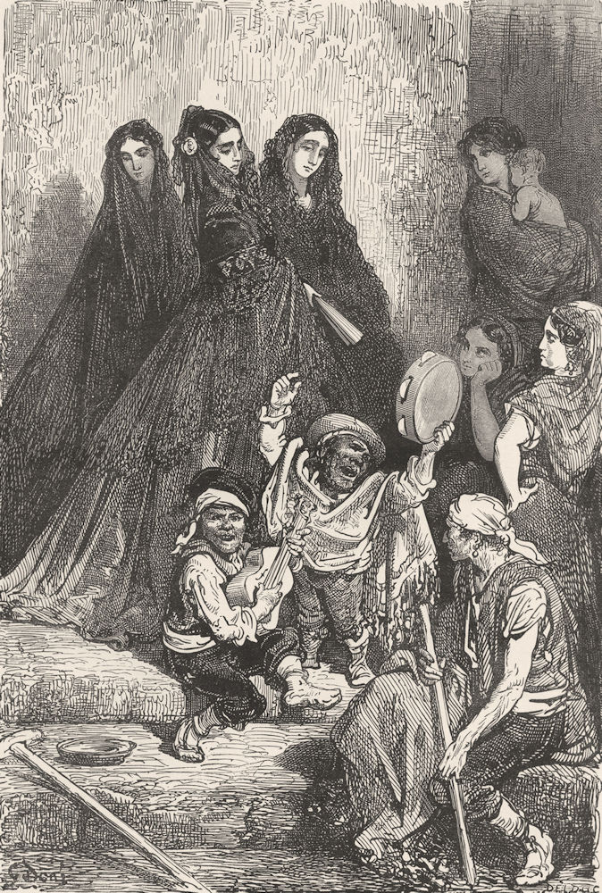 SPAIN. Ladies of Granada listening to Itinerant dwarf musicians 1881 old print