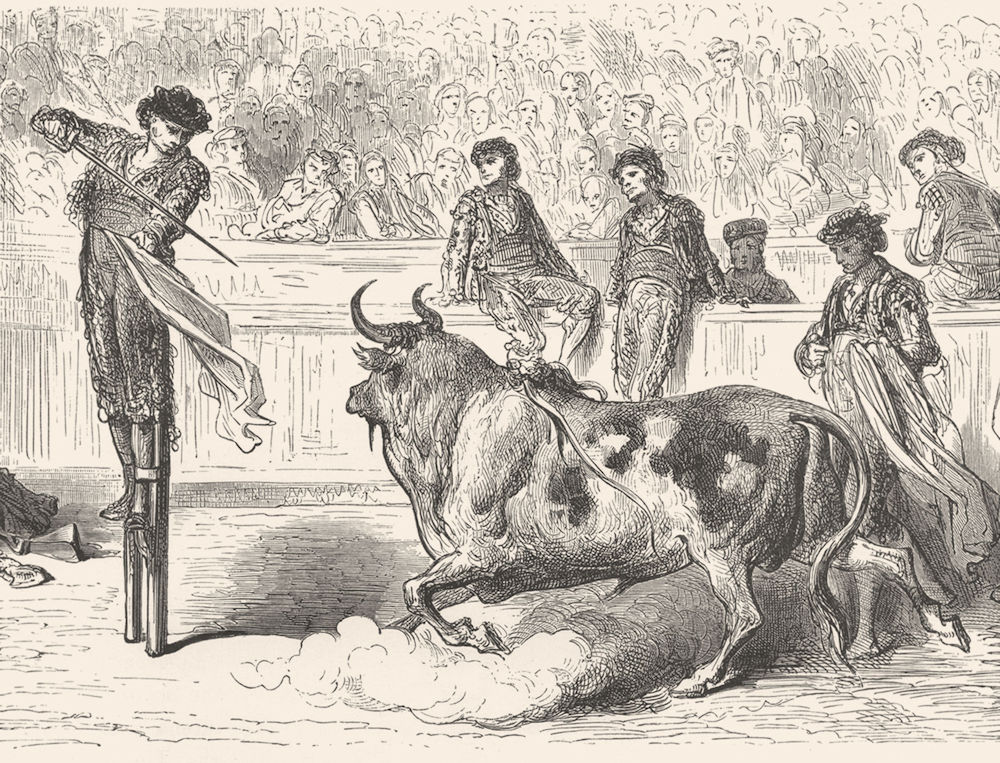 SPAIN. Miguel Lopez Gorrito, stilts, killing bull, Plaza Seville 1881 print