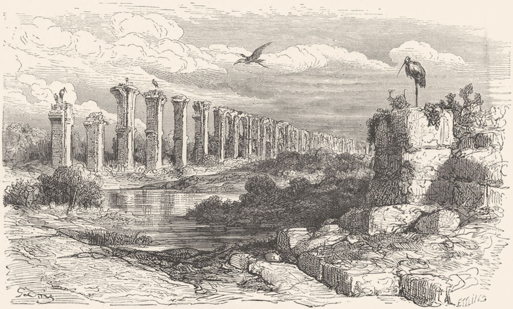 SPAIN. Ancient Aqueduct at Merida 1881 old antique vintage print picture