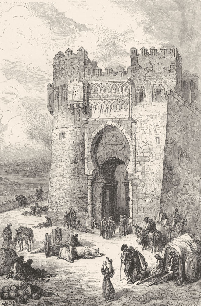 SPAIN. The Puerta Del Sol(Gate of the sun)Toledo 1881 old antique print
