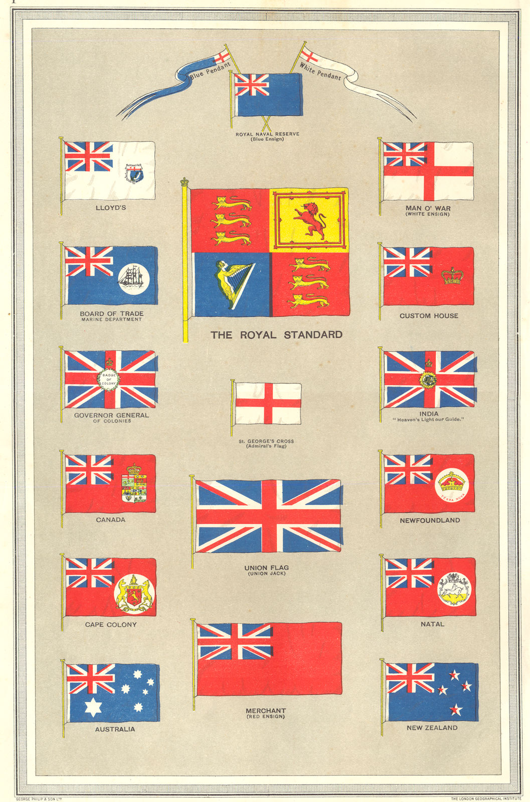 BRITISH EMPIRE FLAGS. Union Jack Red White Ensign Lloyd's Royal Standard 1907