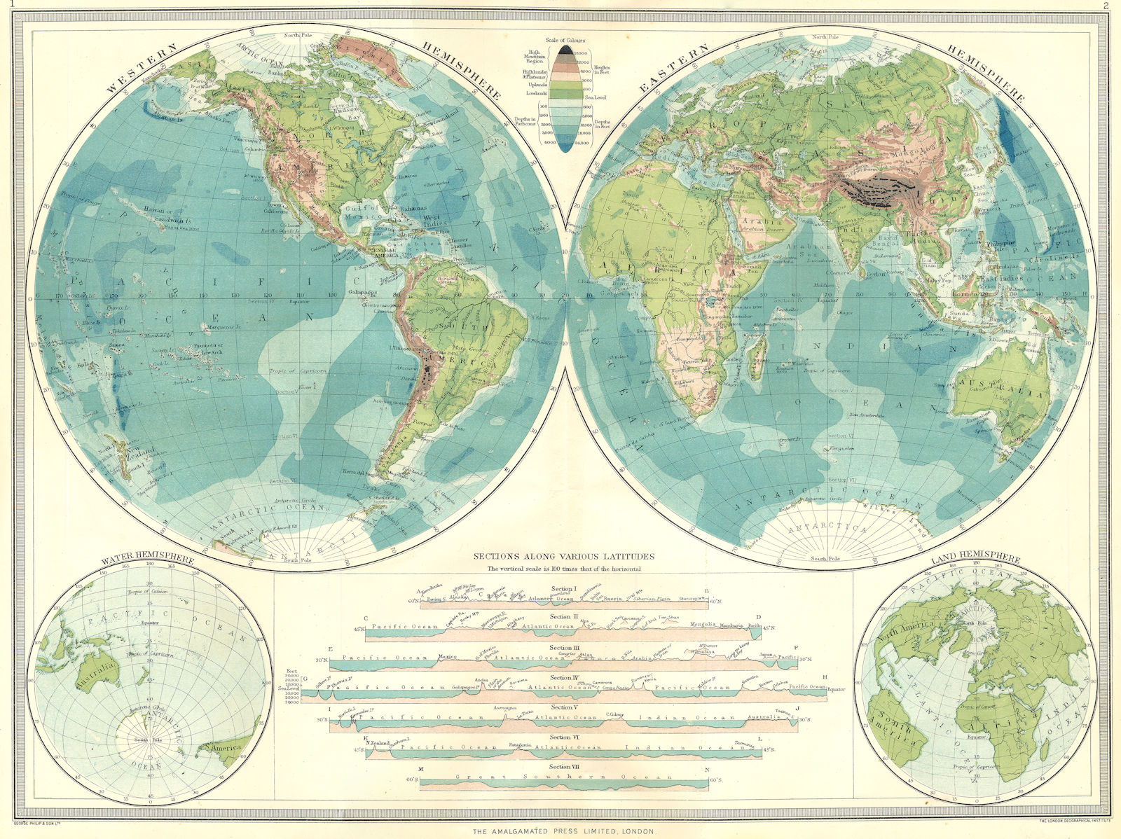 Associate Product WORLD. Hemispheres. Physical; Western Hemisphere; Eastern; Water Land 1907 map