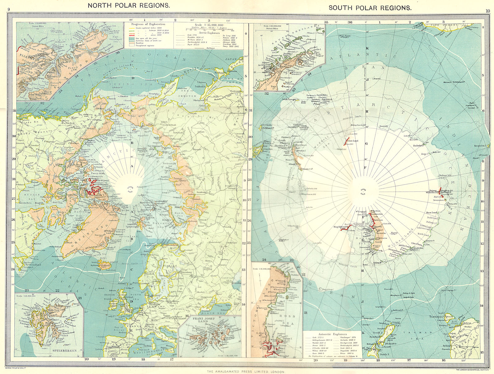 ARCTIC ANTARCTICA. Exploration progress Spitsbergen Franz Josef Land 1907 map