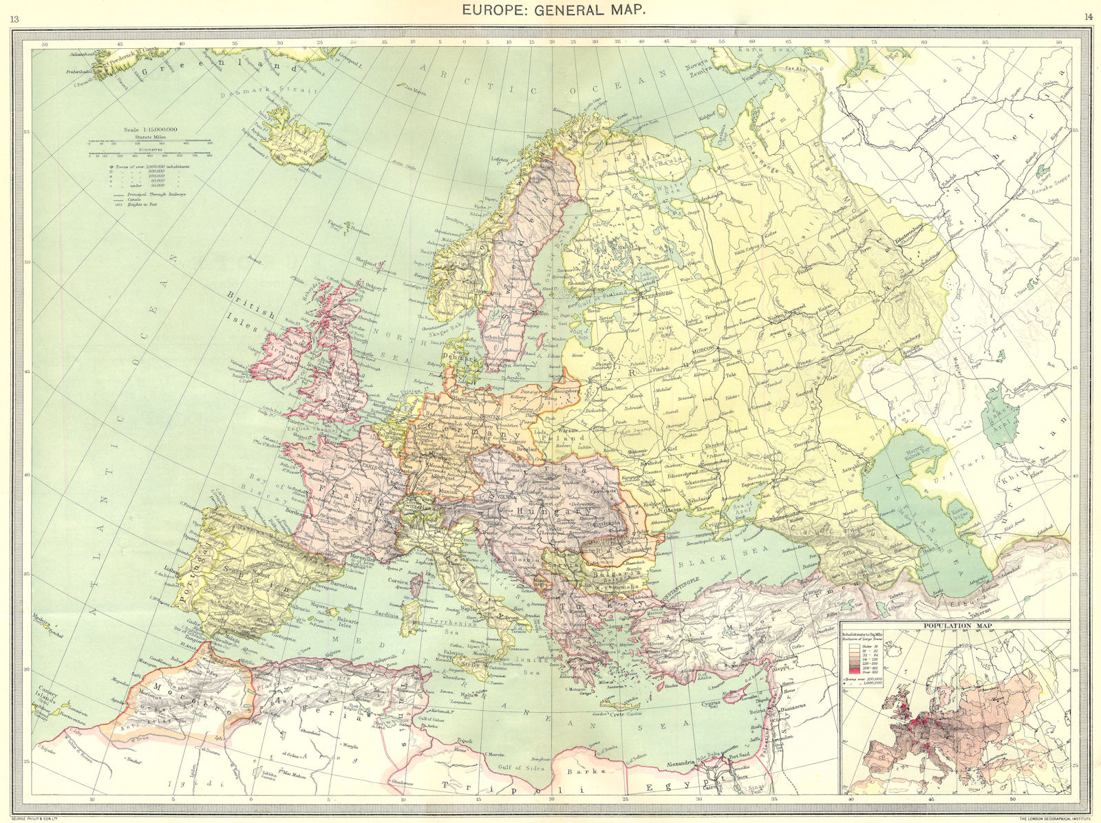 EUROPE. European. General Map; Inset map of Population map 1907 old